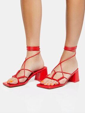 Public Desire "Fanatic" Red Square Toe Block Heel Strappy Sandals
